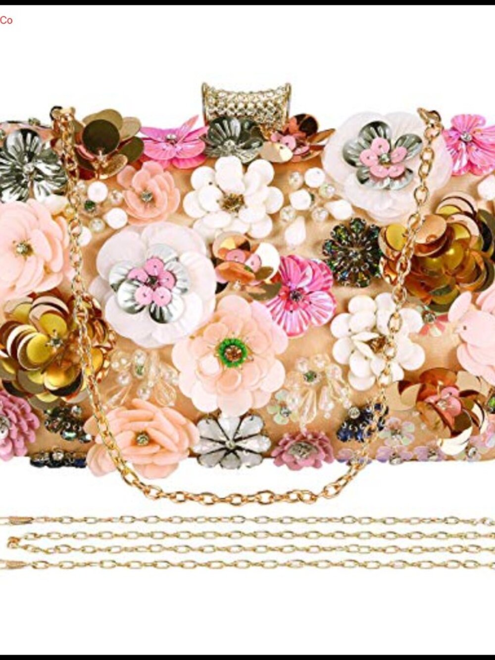 Satin Beaded Pearl Floral Clutch Evening Bag with 2 Removable Chains